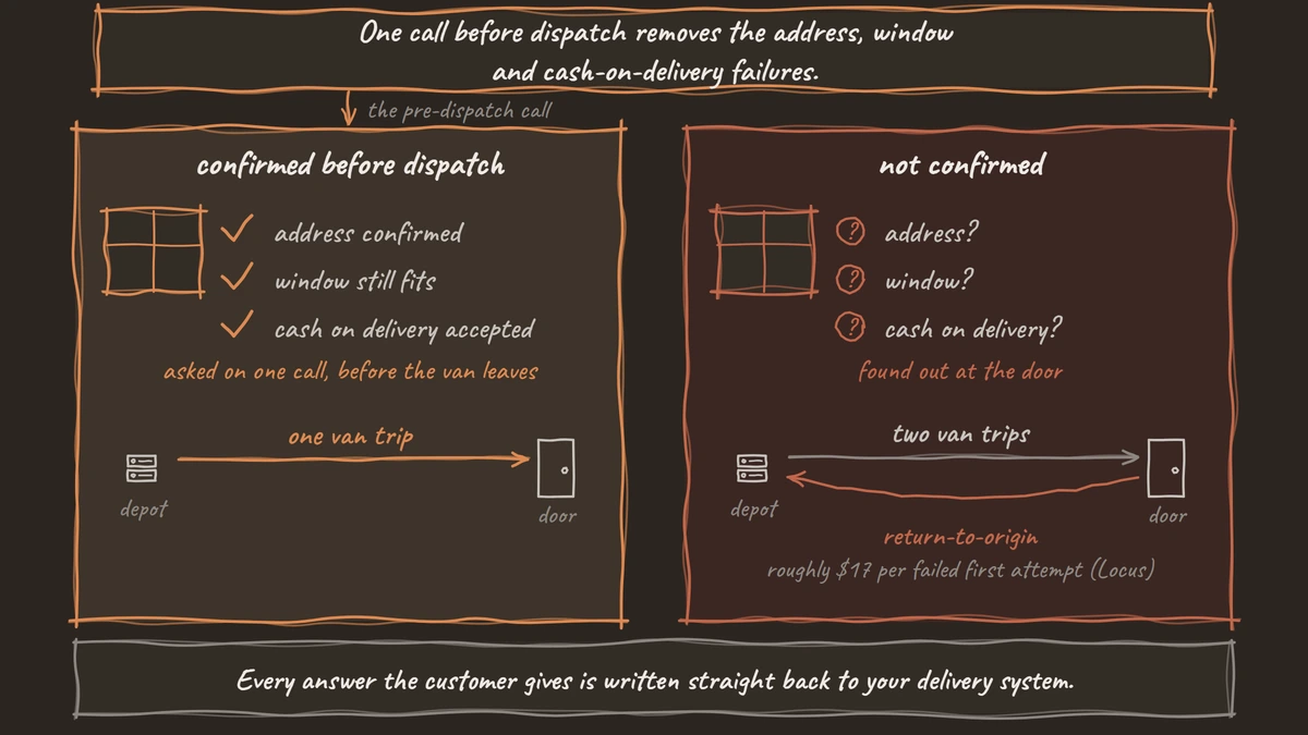 Two parcels side by side: one confirmed before dispatch with the address, window and cash on delivery ticked and one van trip, the other unconfirmed with a question mark on each, two van trips and a return-to-origin arrow