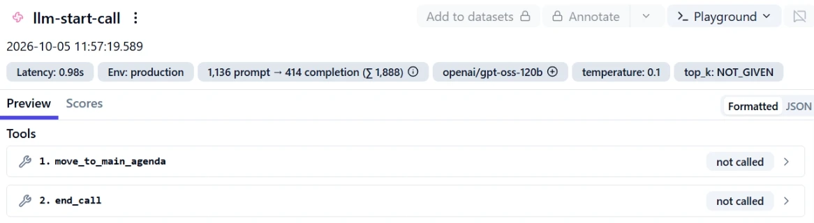 One AI step in a Dograh call's trace: the model, temperature and token counts at the top, the two tools the AI could call below, and the Playground button at the top right