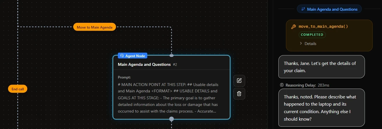 A Dograh web call: the live transcript marks the move to the Main Agenda and Questions node, the move_to_main_agenda tool call completes, the fixed transition line plays, and the next node replies